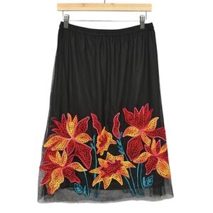 Magic Boho Embroidered Tropical Floral Skirt Women L Vibrant Artsy Mesh Festival